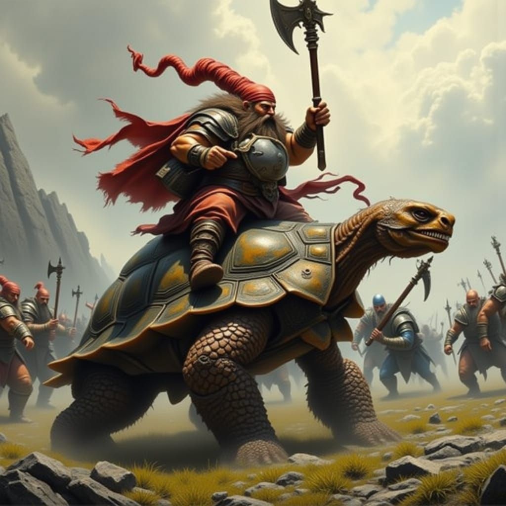 Dwarf Leads Army Riding Giant Tortoise