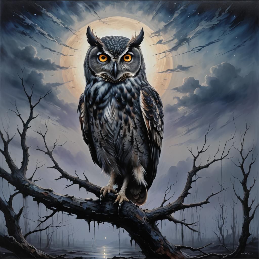Haunting Owl in Dark Fantasy Oil Painting