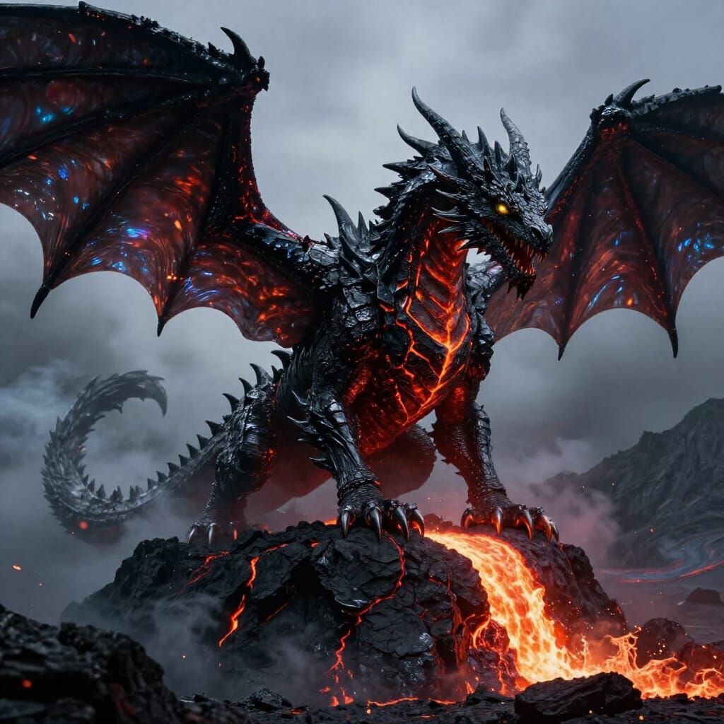 Obsidian Dragon on Volcanic Peak in Dark Fantasy Style