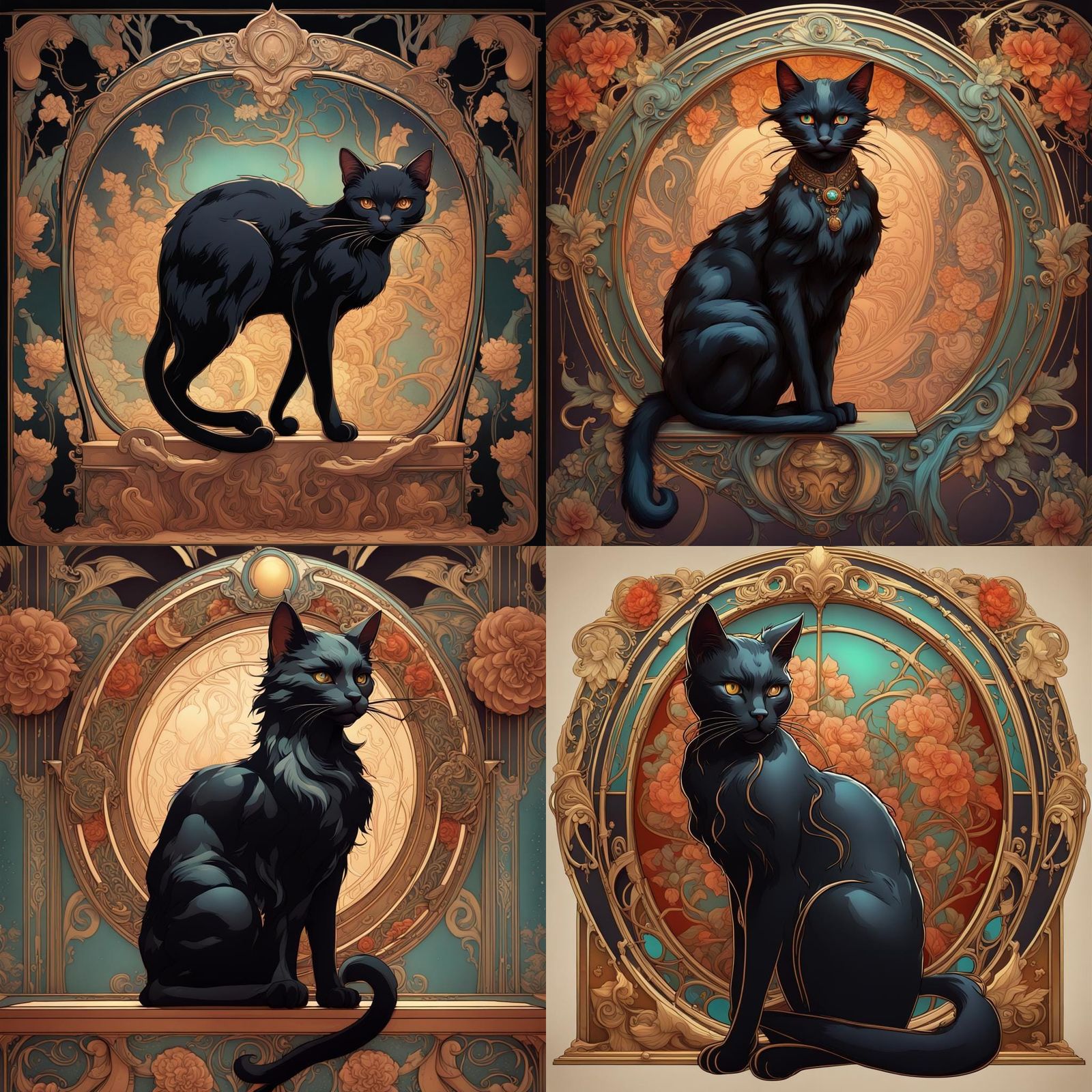 Vaudeville Black Cat Art in Art Nouveau Style