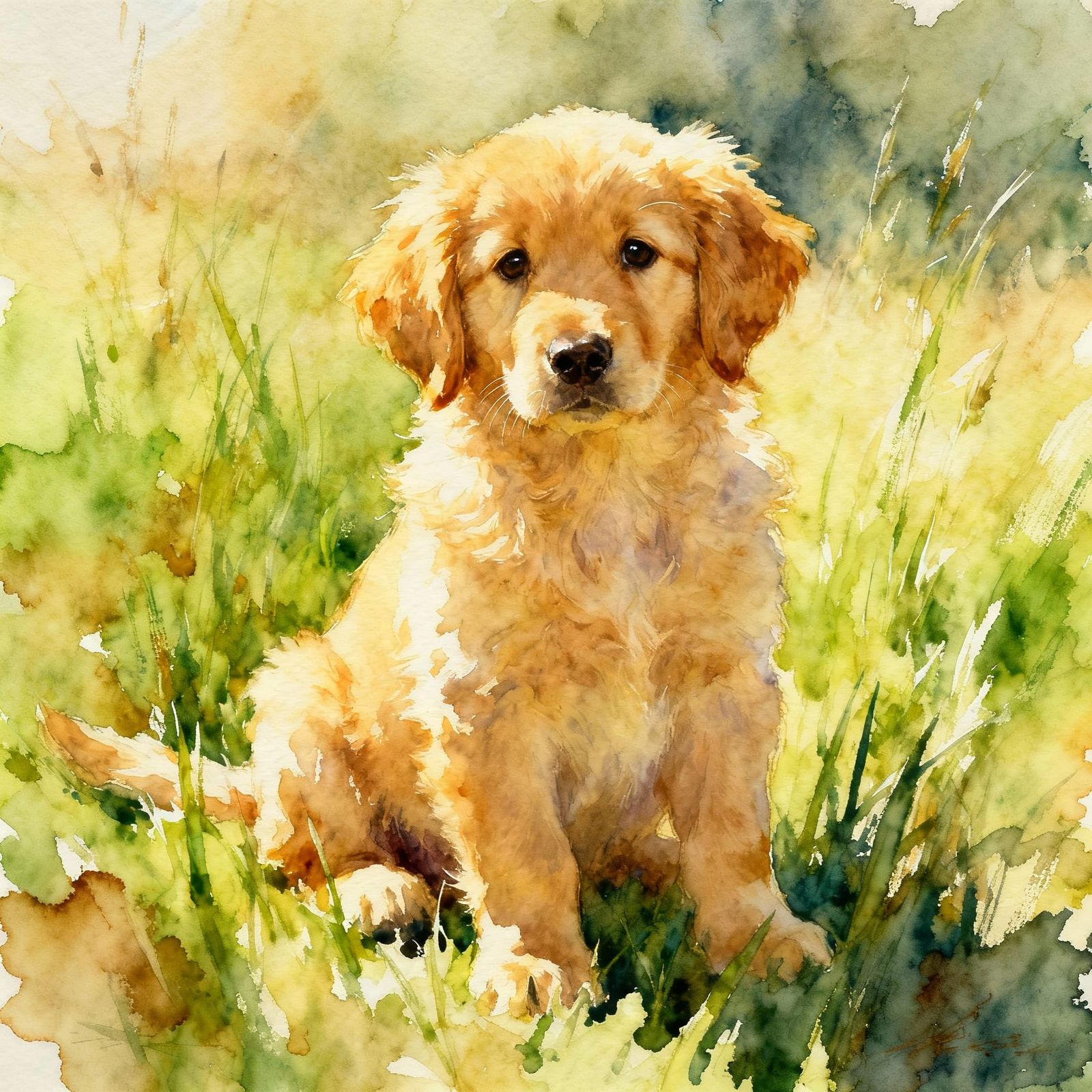 Golden Retriever Puppy in Watercolor Meadow