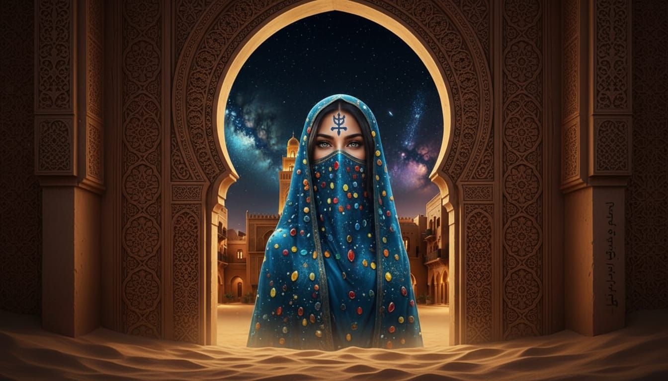 Moroccan Woman with Tifinagh Tattoos in Gssar Entrance