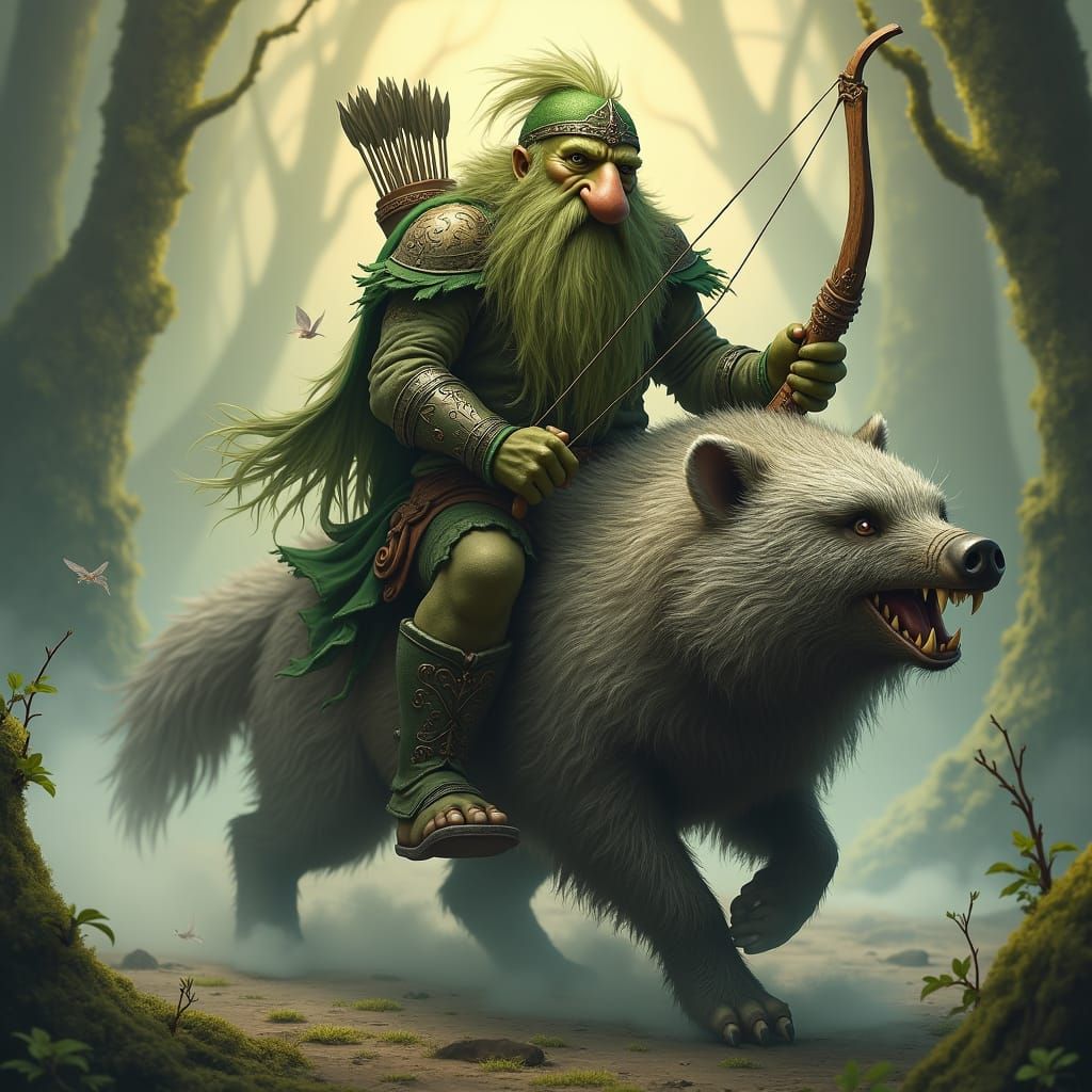 Forest Gnome Riding War Badger in Ethereal Style