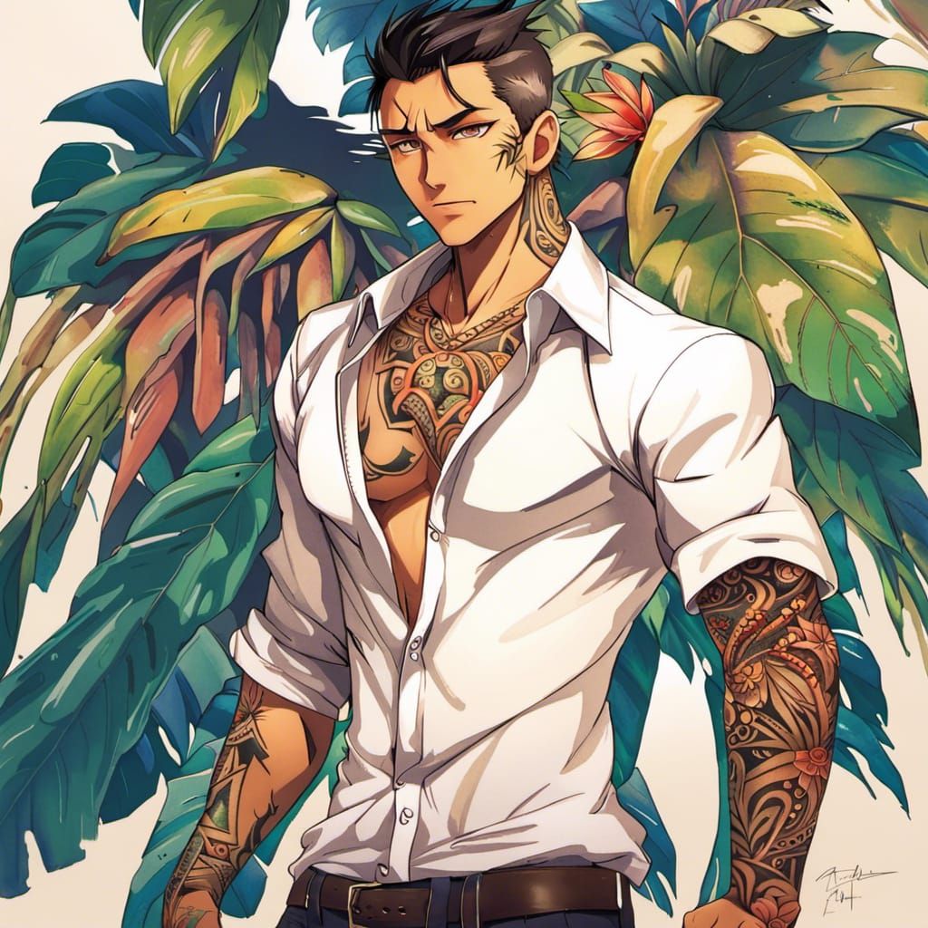 Filipino Man with Polynesian Tattoo in Anime Style