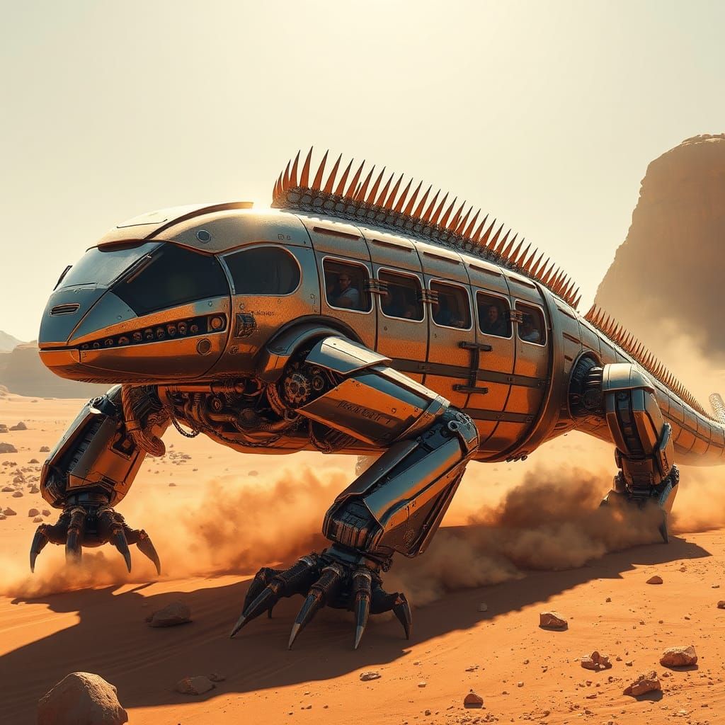 Robotic Lizard Vehicle in Sunlit Desert Landscape