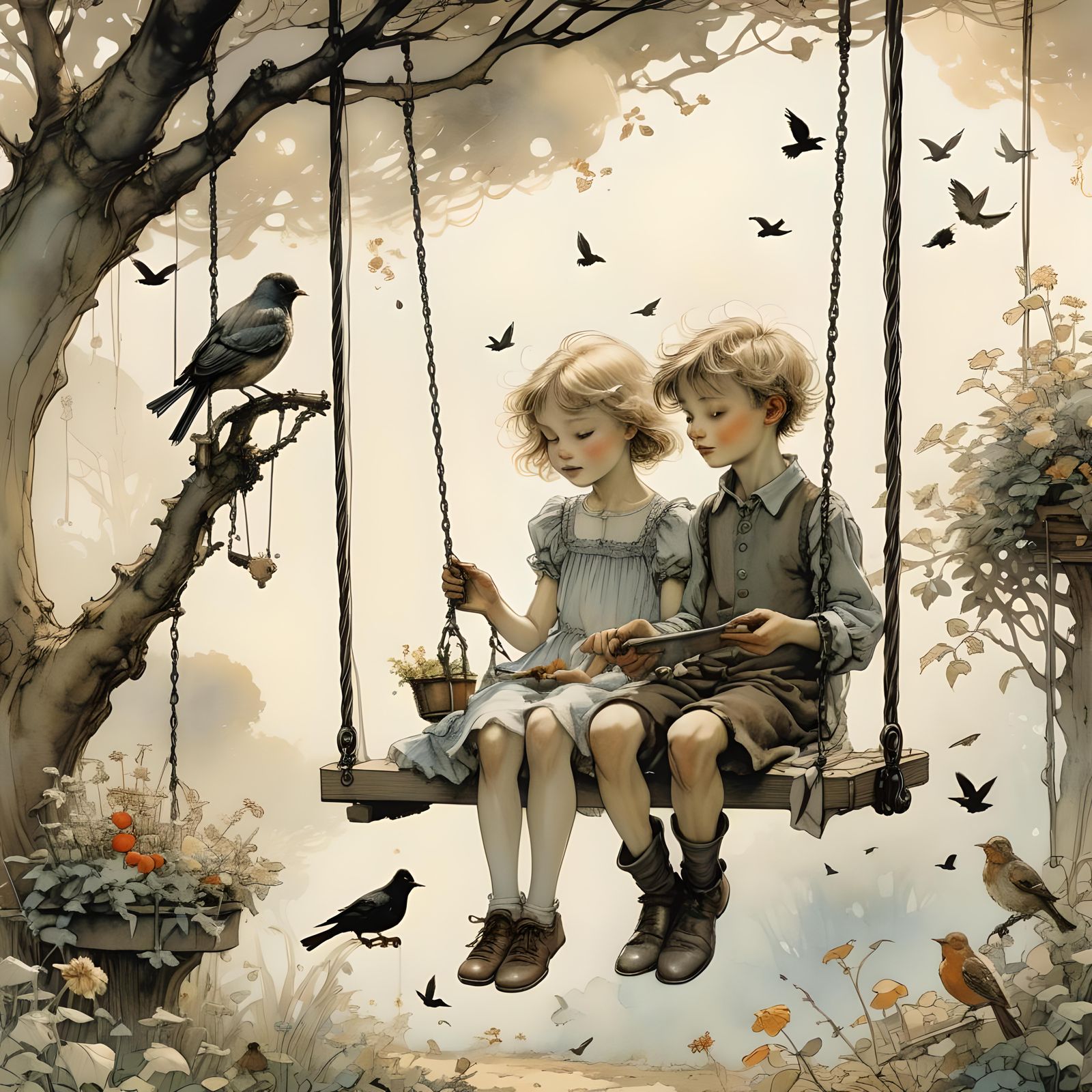 Children in Garden Feeding Birds Illustration