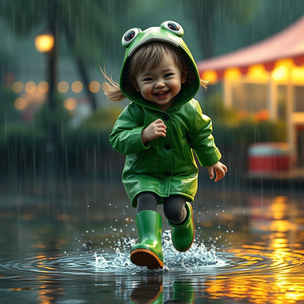 Laughing Girl in Frog Raincoat, Digital Art