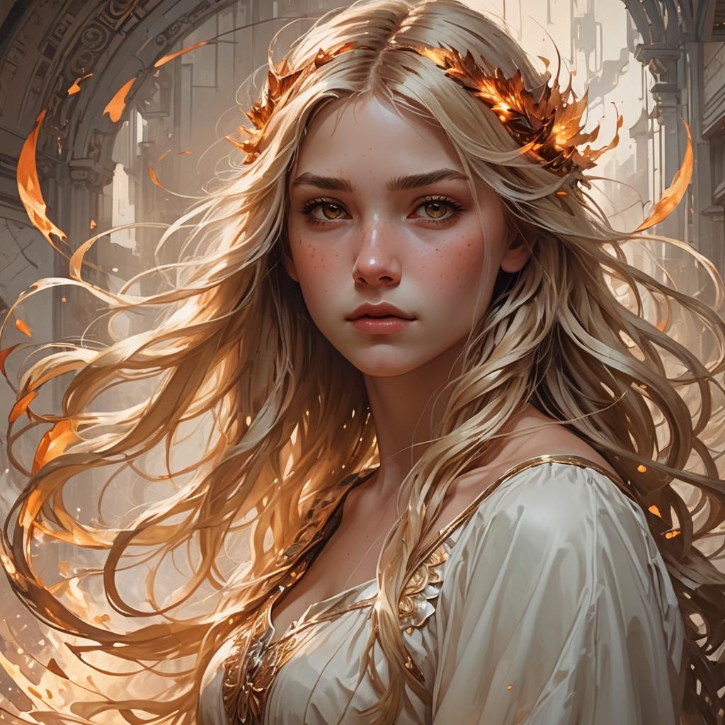 Fiery Teenage Goddess Portrait in Art Nouveau Style