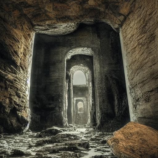 Ominous Stone Arch Pillar in Ocean, Surreal Style