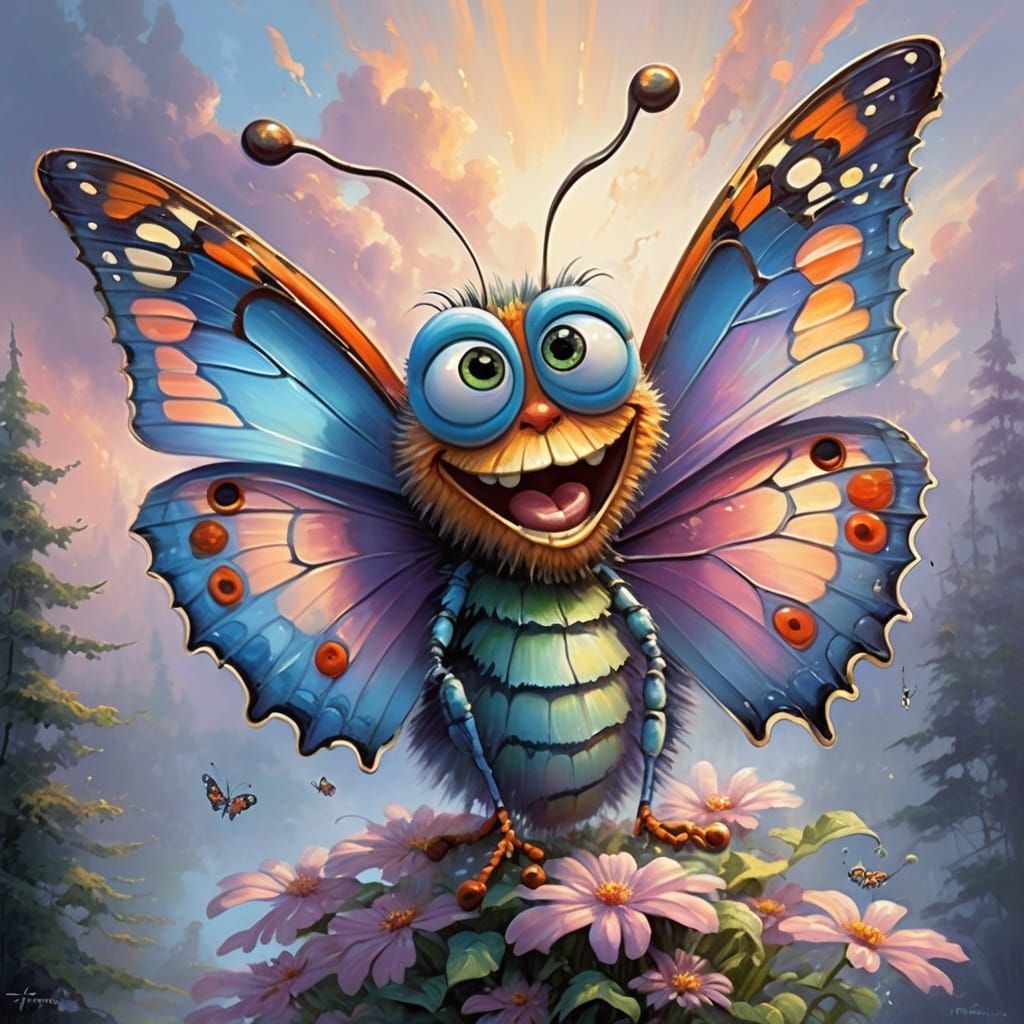 Confused Butterfly Caricature in Oil Painting Style