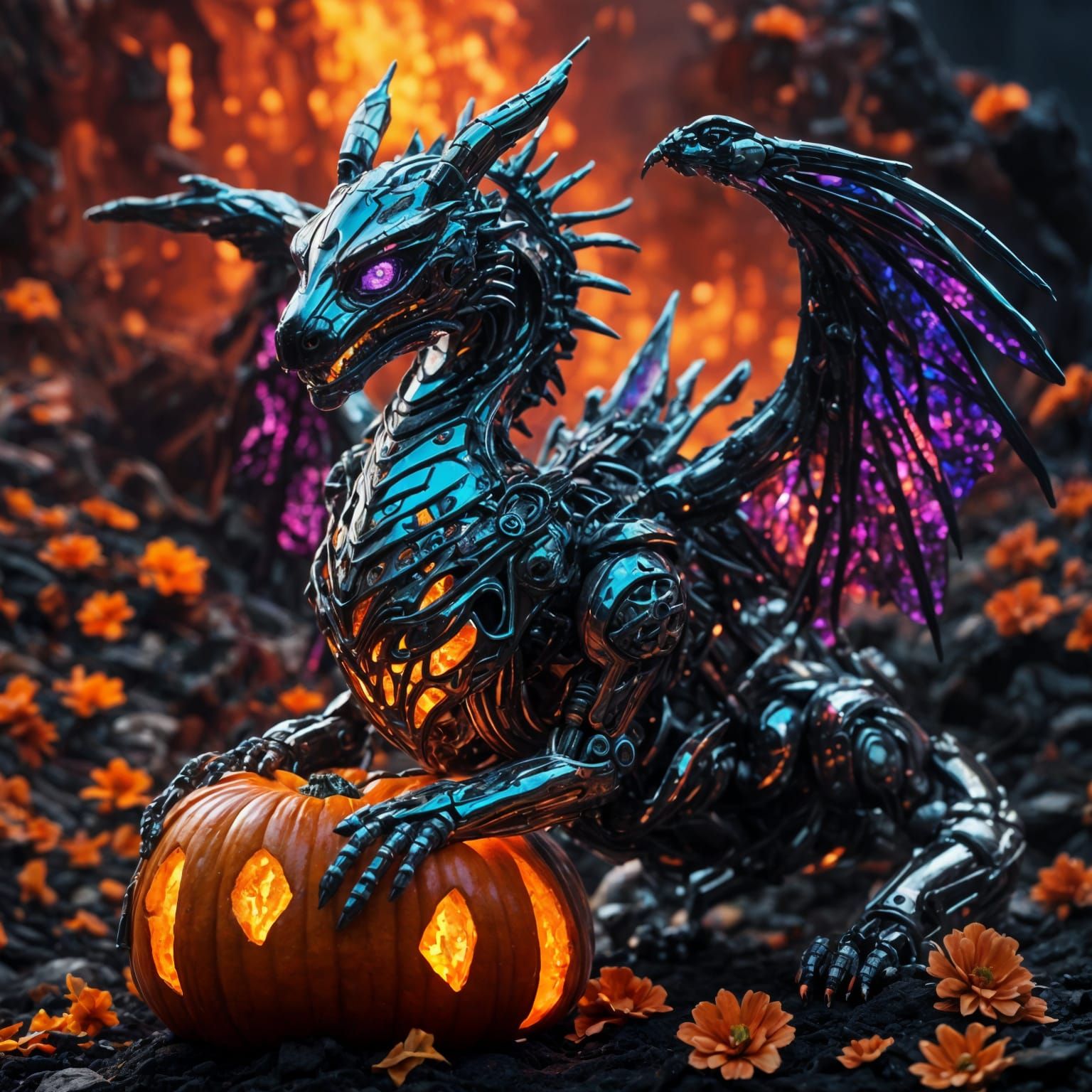 Chrome Robot Dragon in Halloween Landscape