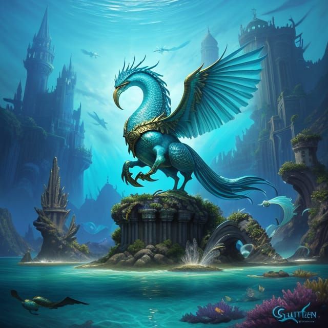 Aquatic Griffin Guards Atlantis in Oil Painting