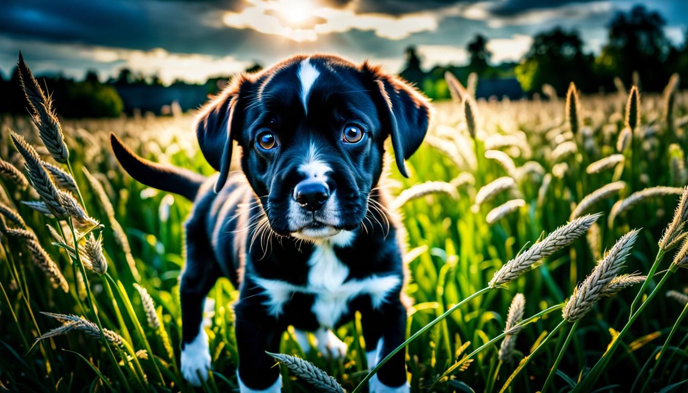 Googly Eyed Puppy Playing with Children in Field