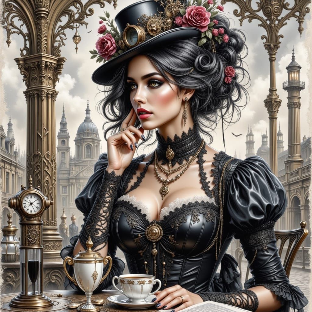 Steampunk Collage of Victorian Woman with Coffee