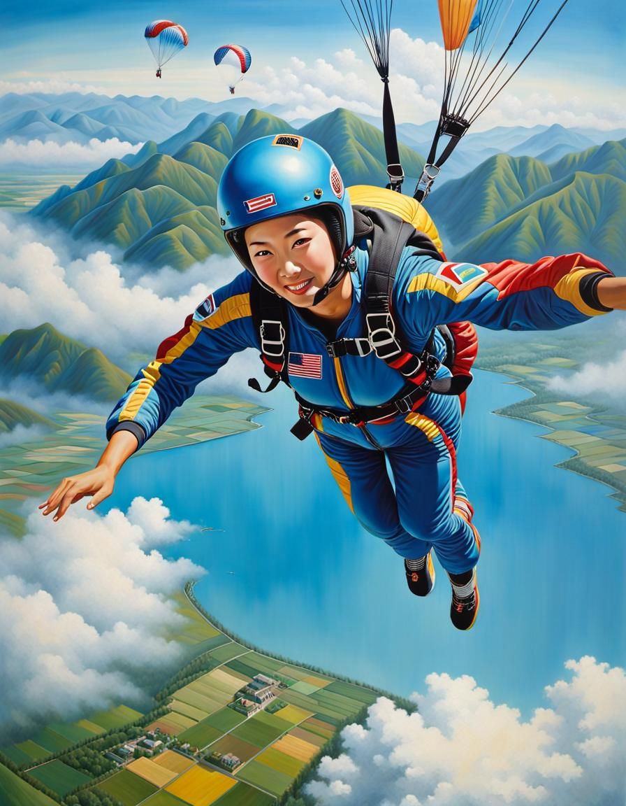 Detailed Asian Skydiver in Rural Landscape Oil Painting