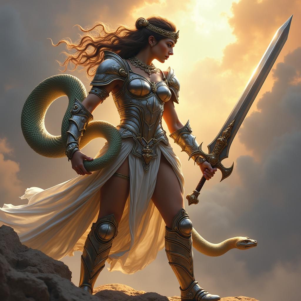 Pallas Athene in Intricate Armor with Snake
