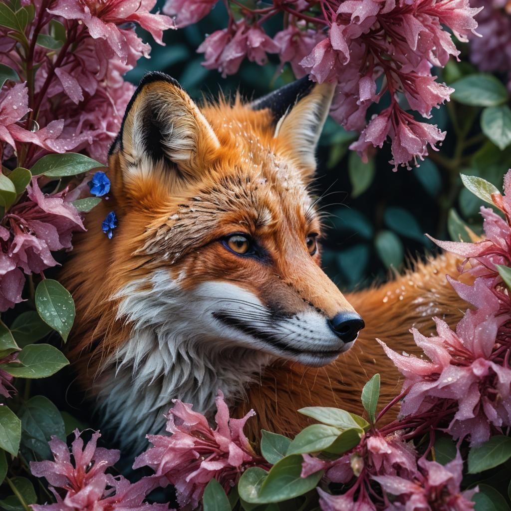 Fox Beneath Amaranth Flower: Hyperrealistic Wildlife Photogr...