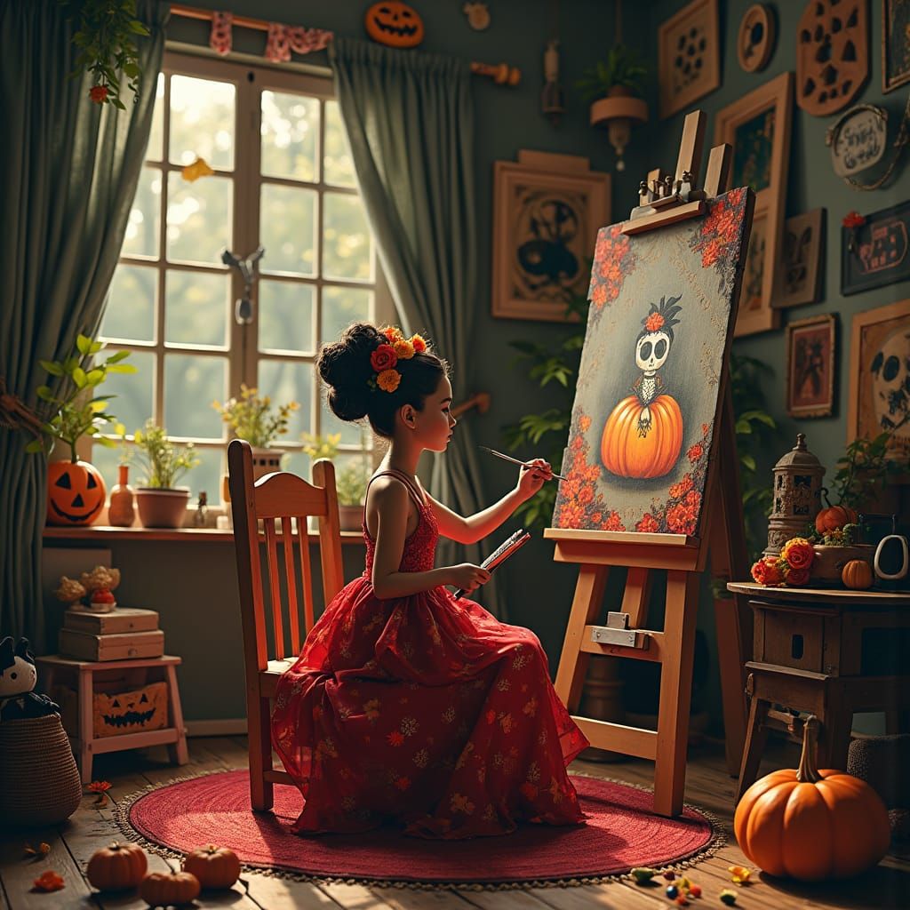 Cozy Art Studio: Woman in Red Painting Halloween