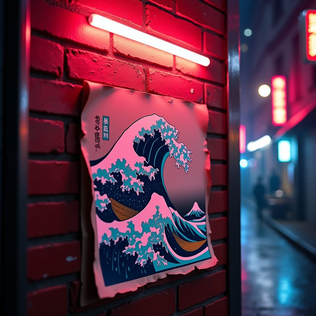 Cyberpunk Great Wave of Kanagawa Neon Poster