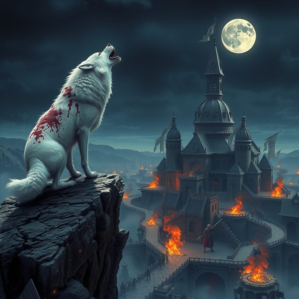 White Wolf Howling Over War-Torn City