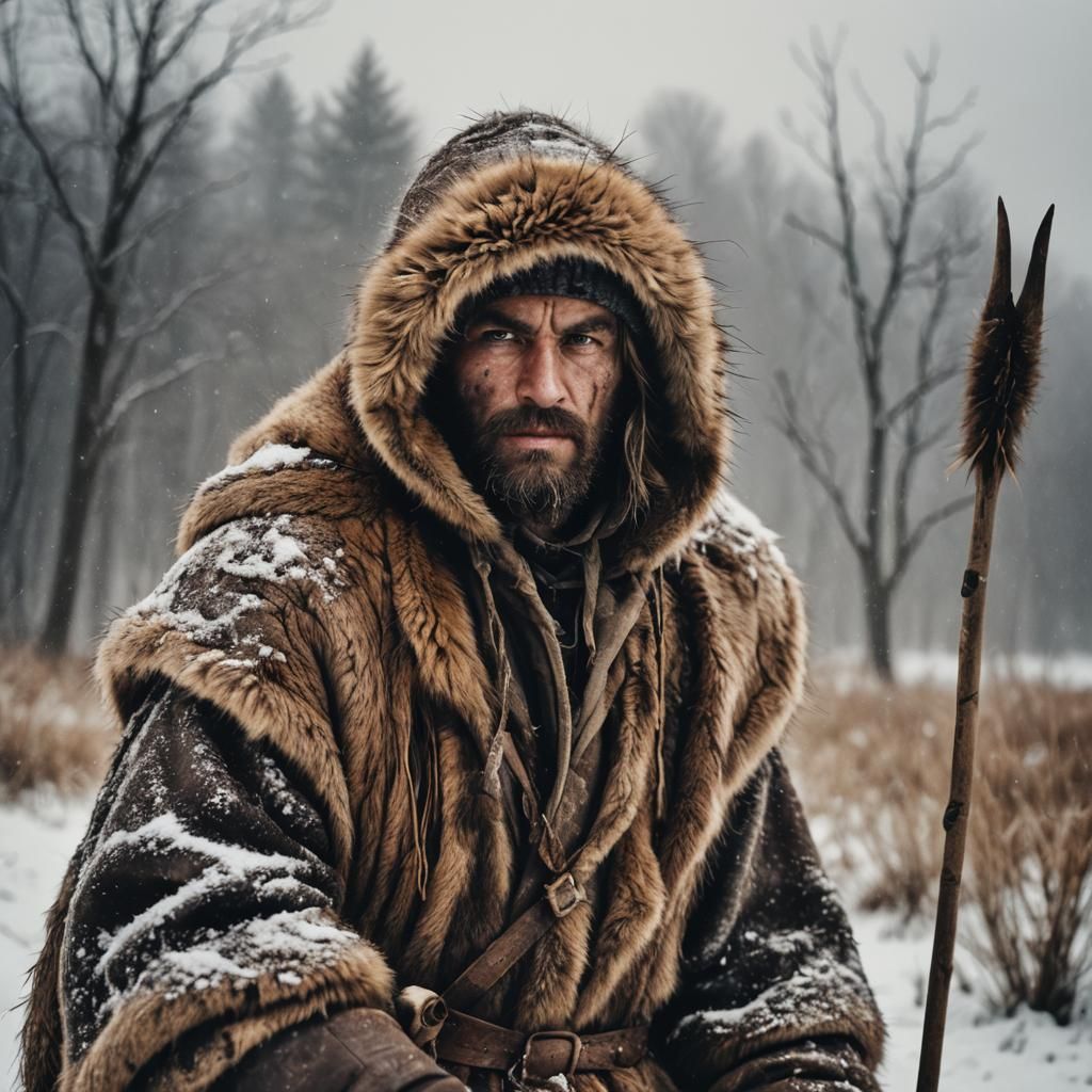 Prehistoric Hunter Portrait in Snowy Field