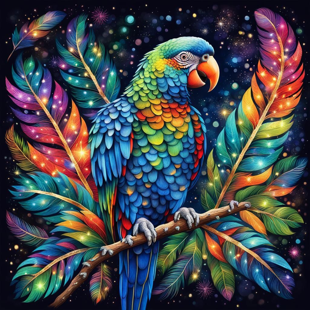 Glittering Parrot in Sparkling Jungle Night View