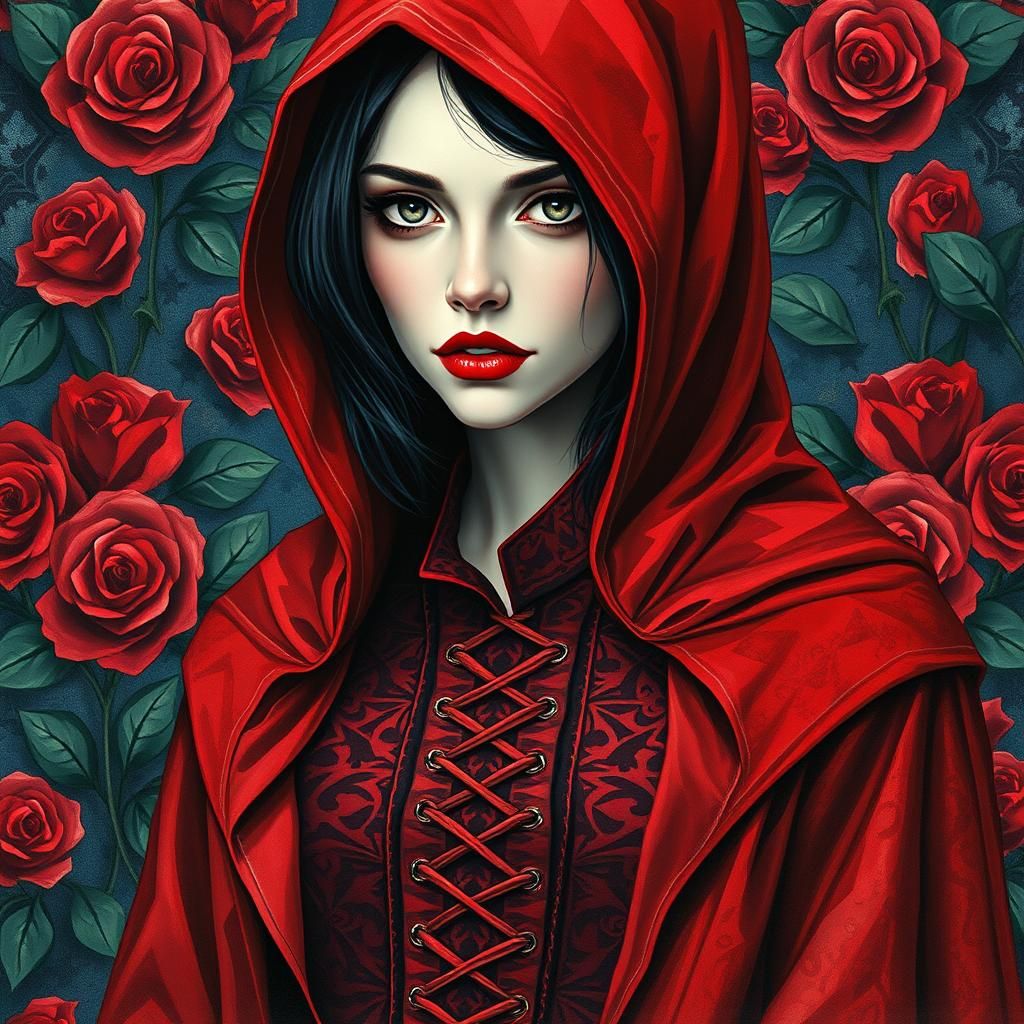Gothic Woman in Red Cloak with Geometric Patterns