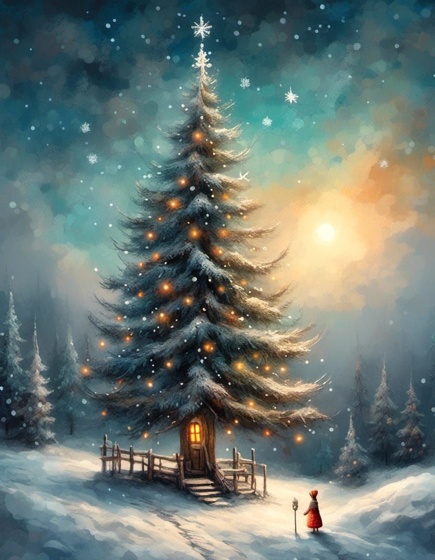 Whimsical Christmas Fir Tree in Snowy Landscape