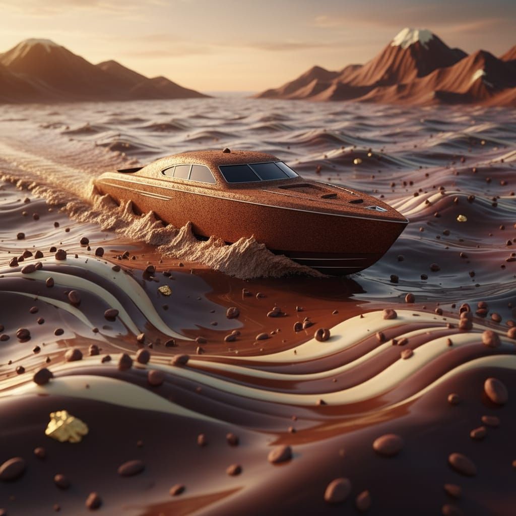Chocolate Boat Gliding on Melted Chocolate Waves
