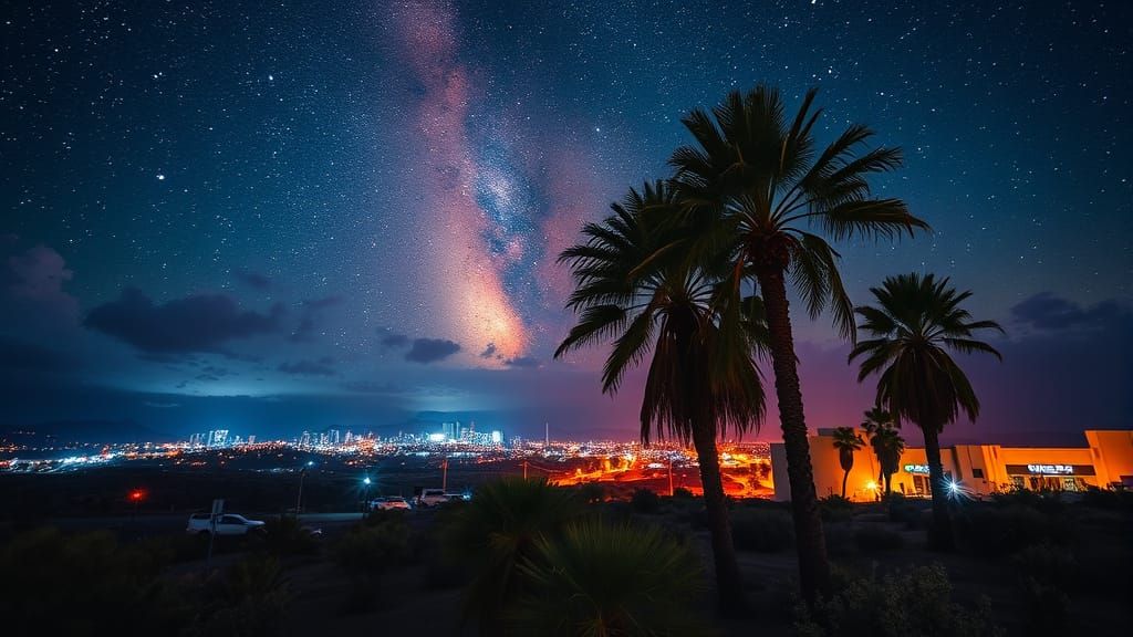 Nightscape with Palm Trees and City Lights