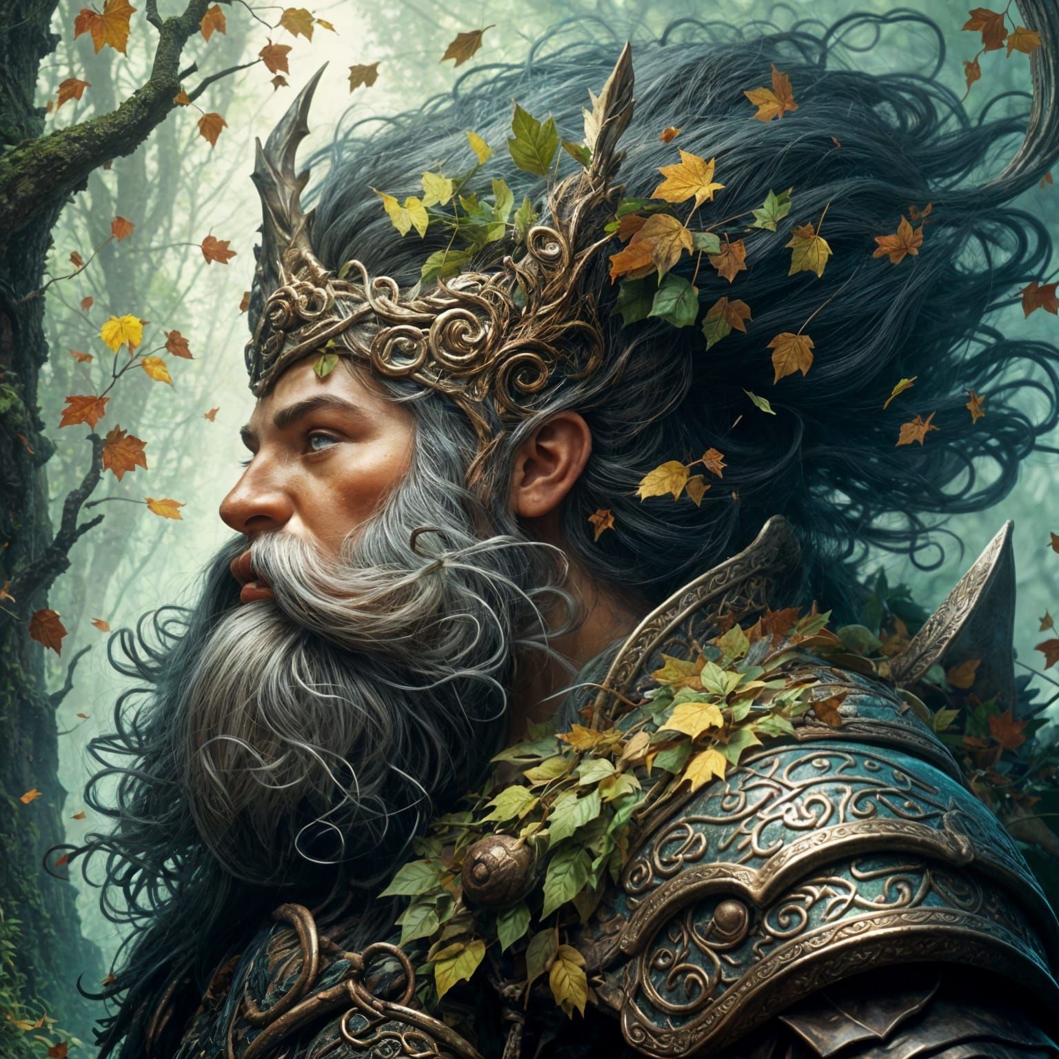 Elf with Braided Leaves in Windy Forest