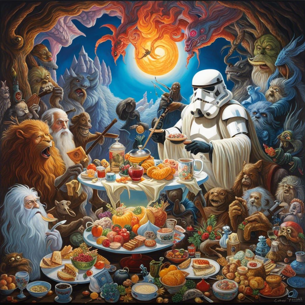 Yeti Breakfast with Pop Culture Icons: Oil Painting
