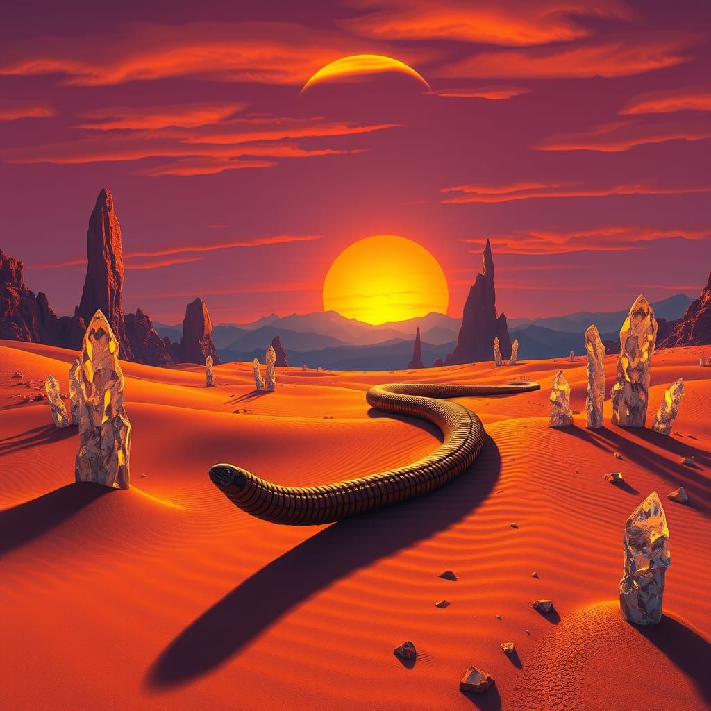 Alien Desert Sandworm Sunset in Surreal Hyperreal Style