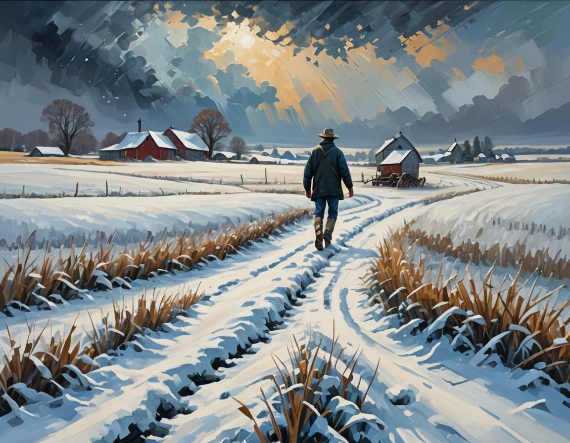 Farmer in Winter Landscape, Vibrant Oil Painting