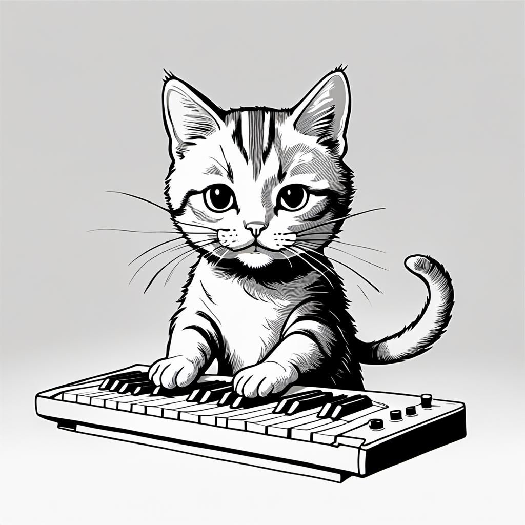 Humorous Cat Plays Synth in Black and White