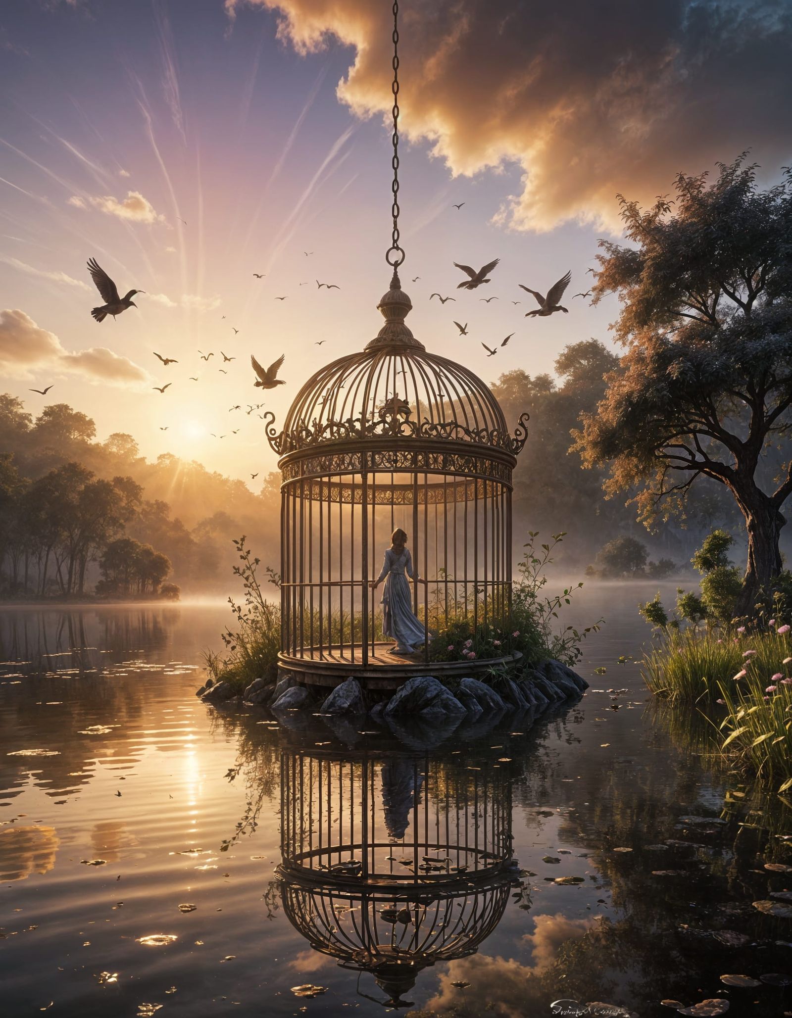 Golden Cage Opens Releasing Luminous Birds at Sunrise