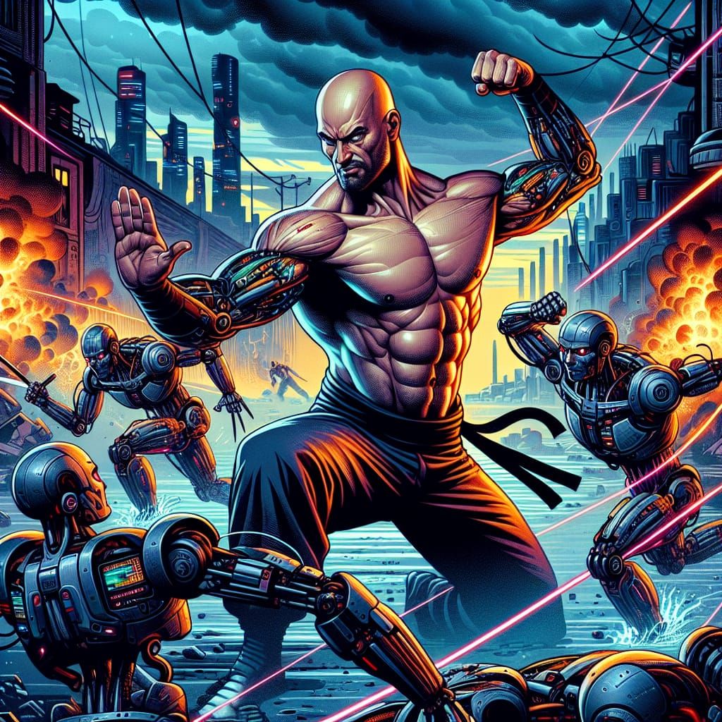 Paramount Gladiator's Aikido vs AI Robots in Comic Style