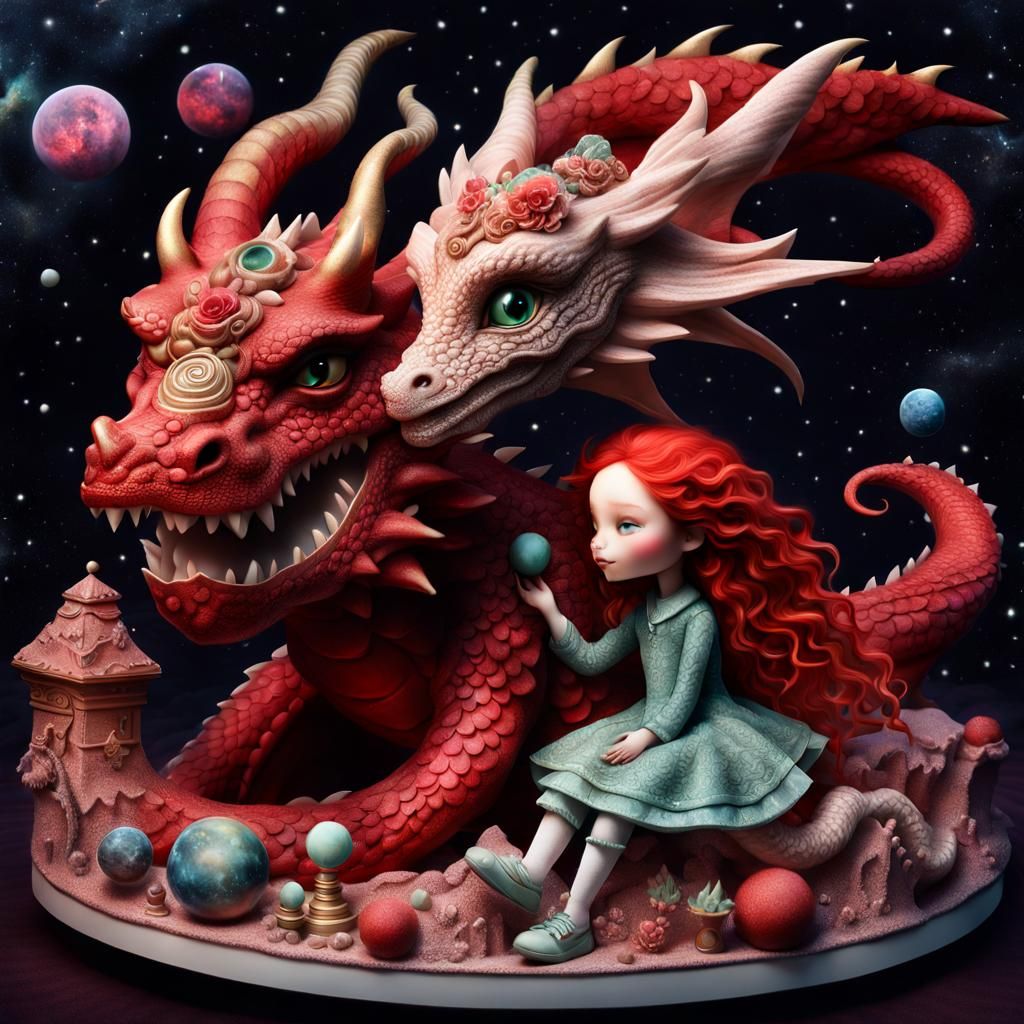 Giant Dragon Swallowing Doll in Cosmos, Surreal 3D Art
