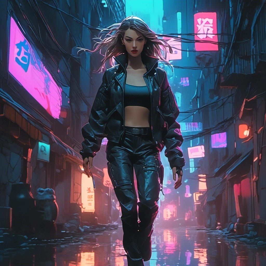 Cyberpunk Woman Sprinting in Neo-Tokyo Alley