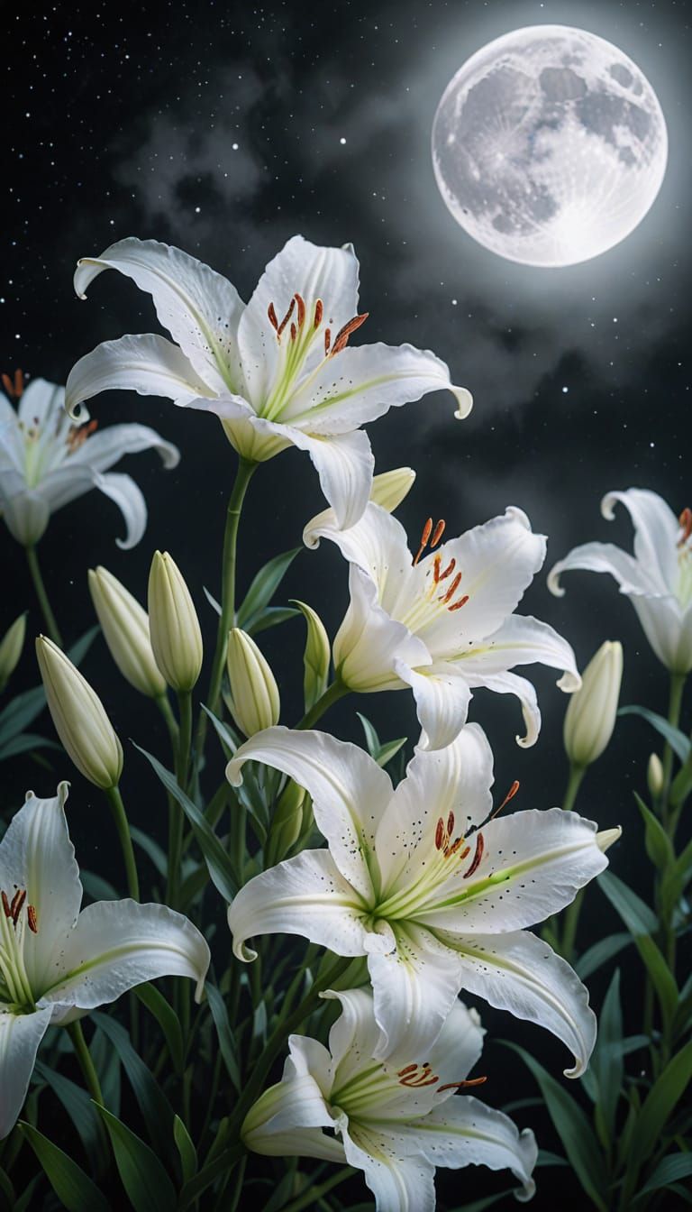 Surreal Moon Over Lilies: Dreamlike Macro Photography