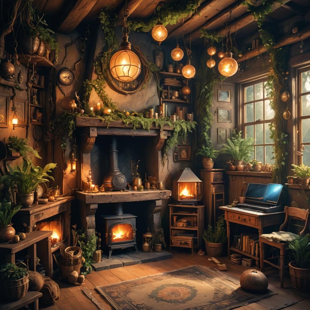 Enchanted Cottage Room with Glowing Orbs