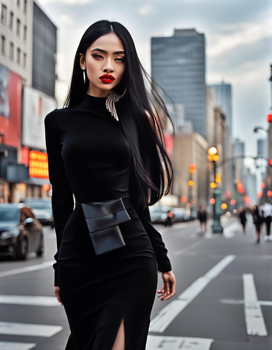 Numidia Lezoul in Sleek Black Dress on Avenue