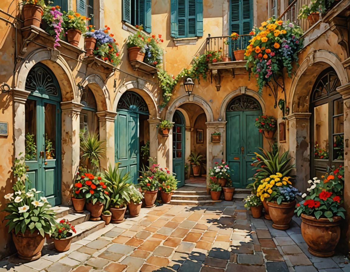 Italian Seaside Courtyard with Flowers, Digital Watercolor