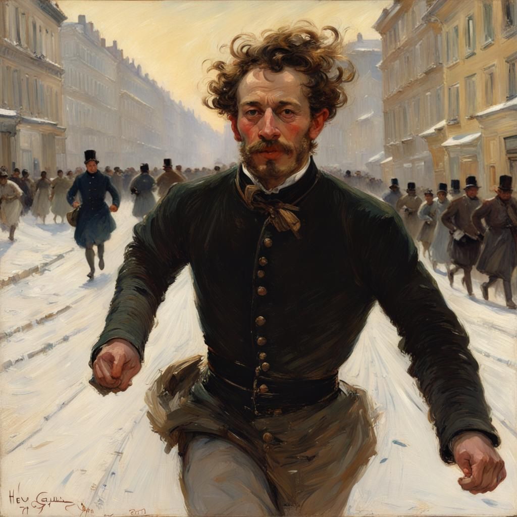 Person Runs Through Snowy City Street