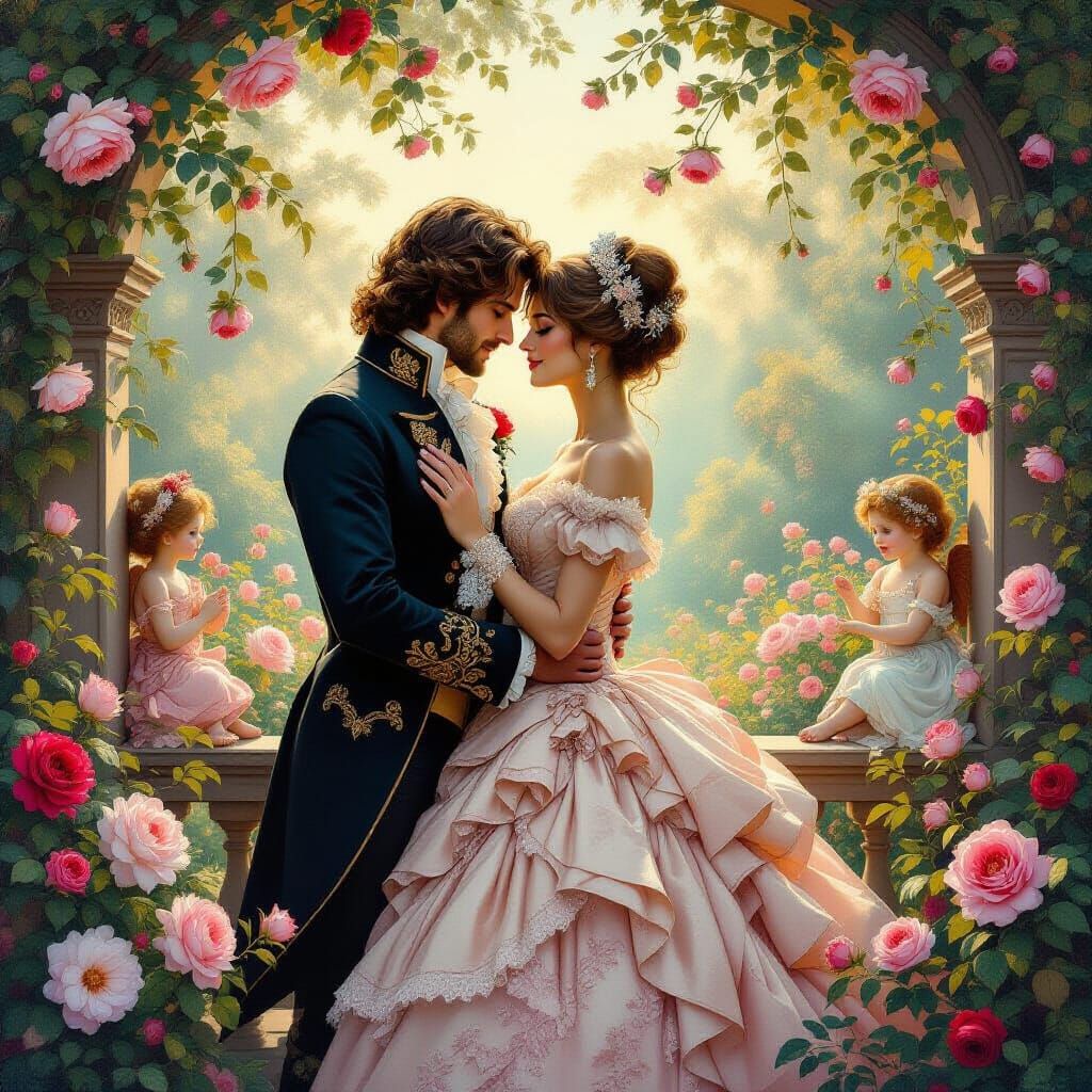 Victorian Couple in Rococo Garden Sunset Oil Painting
