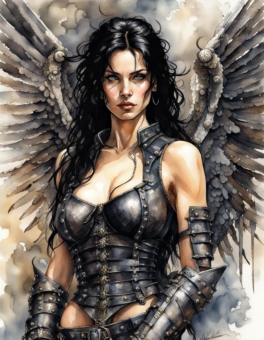 Gothic Angel Portrait in Leather Armor, Digital Art