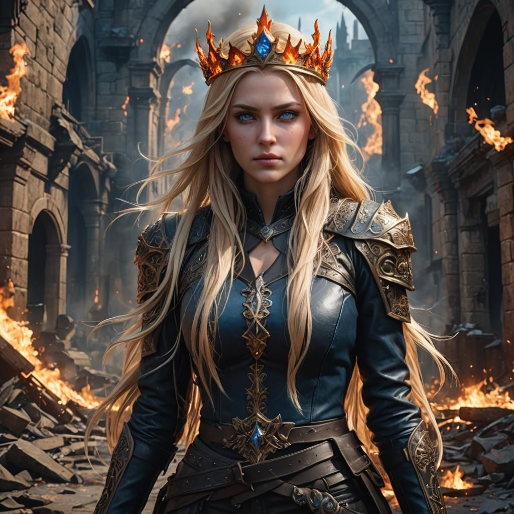 Royal Assassin with Fire Crown in Fantasy Art Style