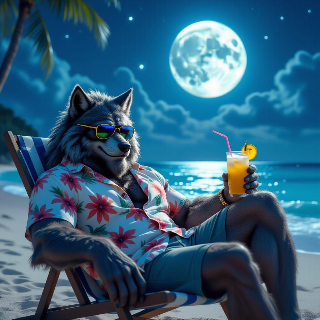 Werewolf Relaxing on Beach Under Full Moon