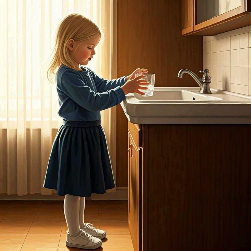 Little Girl Washing Dishes in Cozy Domestic Scene