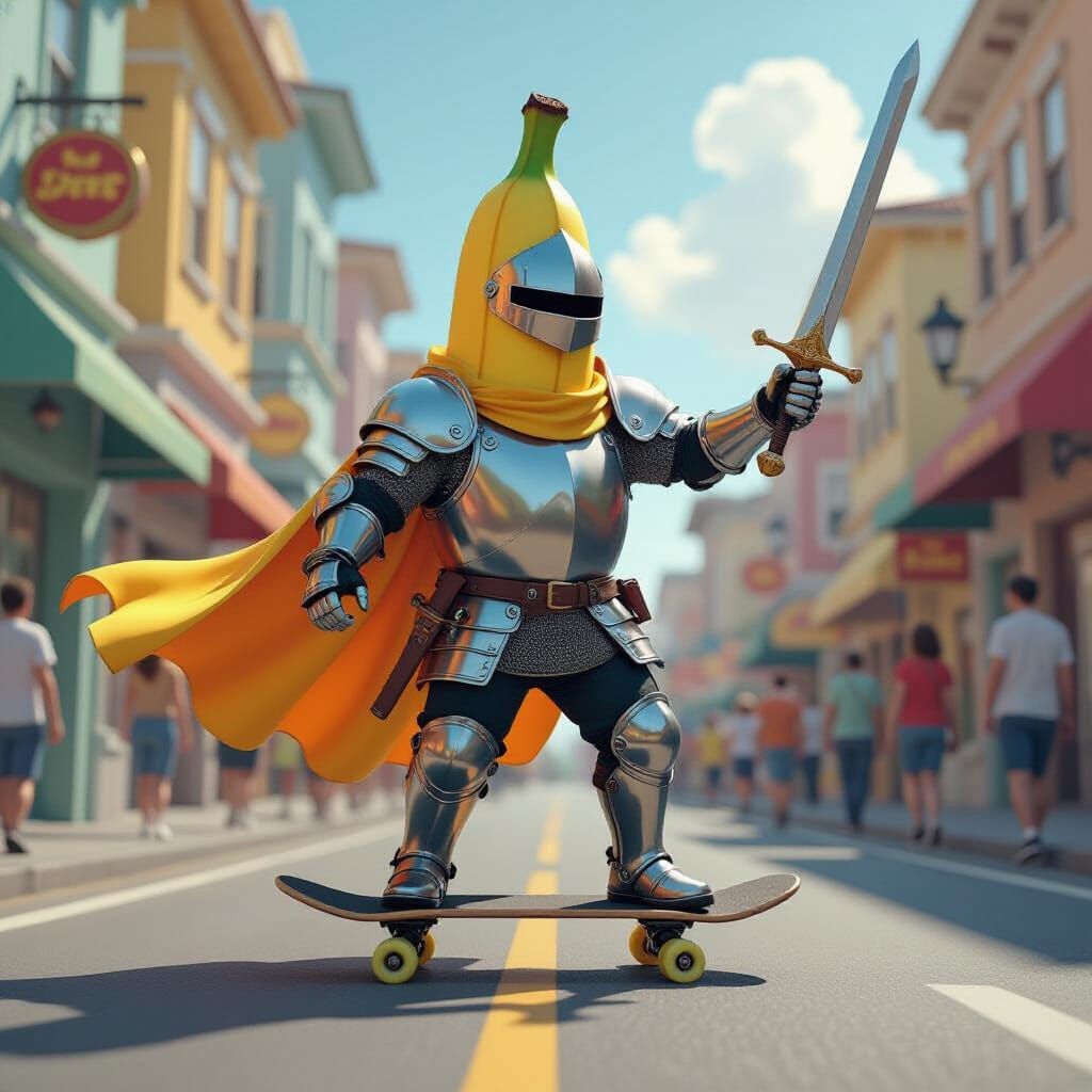 Banana Knight on Skateboard in Vibrant Cityscape